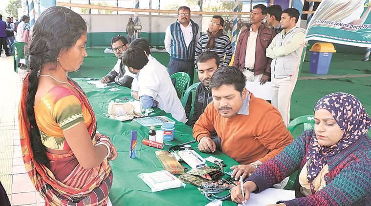 A health kiosk at the Central Park camp Thursday. (Express photo/Partha Paul)