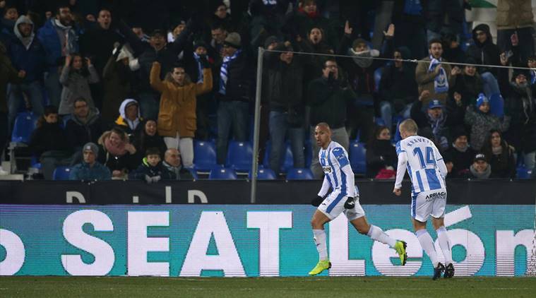 Leganes' Martin Braithwaite celebrates scoring their first goal against Real madrid in the Copa Del Rey