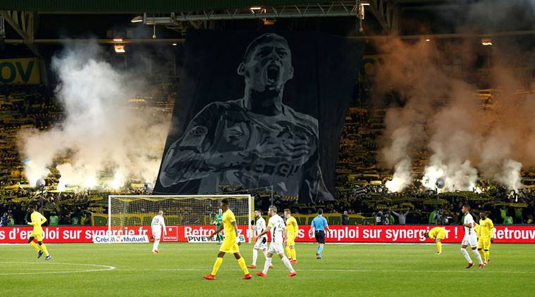 A banner is displayed for Emiliano Sala during the match between FC Nantes v AS Saint-Etienne.