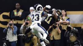 Los Angeles Rams defensive back Nickell Robey-Coleman (23) breaks up a pass intended for New Orleans Saints wide receiver Tommylee Lewis (11) on a third down play during the fourth quarter in the NFC Championship game.