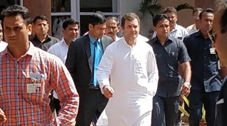 Congress chief Rahul Gandhi outside Goa CM Manohar Parrikar's office in the state secretariat, Porvorim. (Express photo)