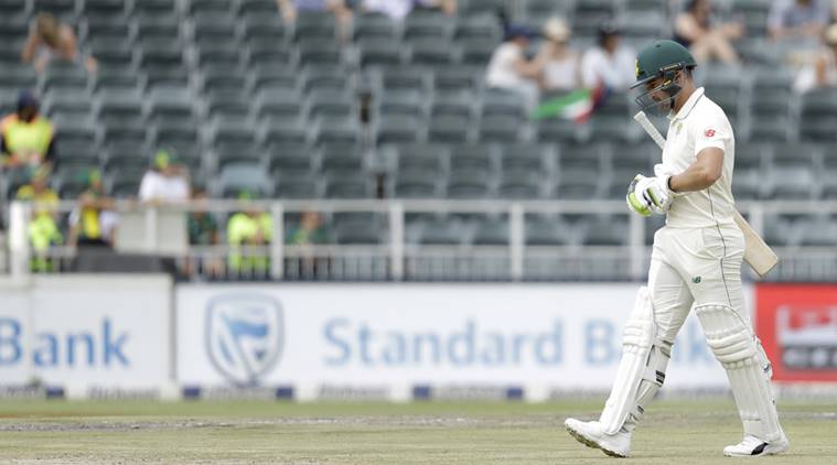 South Africa's batsman Dean Elgar leaves the field after dismissed for 5 runs on day two of the third cricket test match between South Africa and Pakistan at the Wanderers stadium in Johannesburg