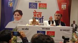 BSP chief Mayawati and SP supremo Akhilesh Yadav address the media in Lucknow on Saturday. (Express photo/Vishal Srivastav)