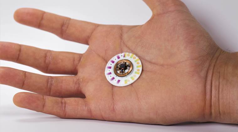 An undated photo shows a patch that provides real-time information on the wearer’s pH, sweat rate, and levels of chloride, glucose and lactate