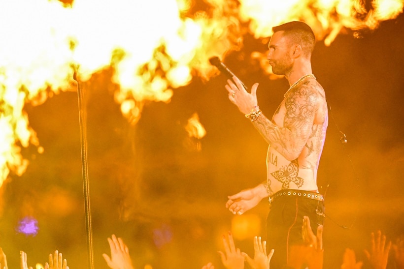 Maroon 5 lead singer Adam Levine performs during the halftime show in Super Bowl LIII at Mercedes-Benz Stadium.