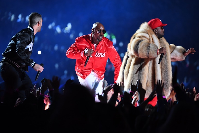 Recording artist Big Boi performs with Maroon 5 lead singer Adam Levine during the halftime show in Super Bowl LIII at Mercedes-Benz Stadium.