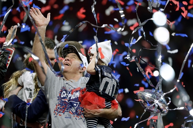 New England Patriots head coach Bill Belichick celebrates in the confetti after the NFL Super Bowl 53 football game against the Los Angeles Rams, Sunday, Feb. 3, 2019, in Atlanta.