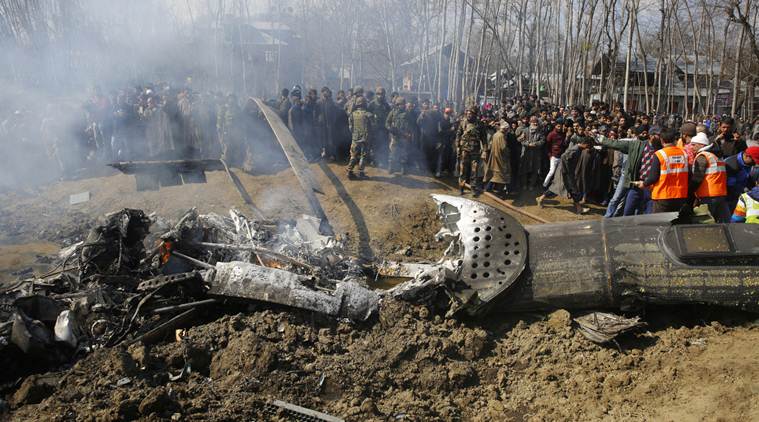 An IAF Mi-17 chopper crashed in Budgam area of Jammu and Kashmir on Wednesday. (Express photo/Shuaib Masoodi)