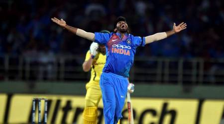 India's Jasprit Bumrah celebrating for the wicket of Australia's Aaron Finch during the first T20 international cricket match between India and Australia at the Dr. YS Rajasekhara Reddy ACAVDCA Cricket Stadium in Vizag