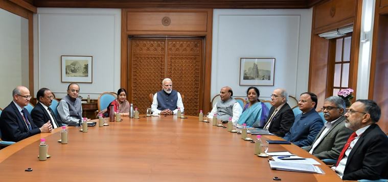 In this photo released by the PMO, Prime Minister Narendra Modi chairs a meeting of the Cabinet Committee on Security in New Delhi Tuesday, following the Indian Air Force’s strike on a terror camp in Balakot.