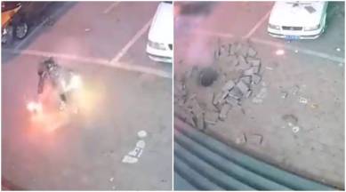 firework, firecracker, man puts firecracker in manhole, viral video manhole firecracker, viral video, China, trending, indian express, indian express news