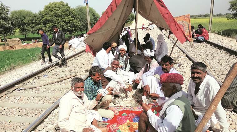 Gujjar protest, Gujjar reservation, Rajasthan Gujjar reservation, reservation for gujjars, gujjars protest Swai Madhopur, trains diverted rajasthan, rajasthan trains gujjar protest, trains cancelled gujjar protest, Swai Madhopur Rajasthan, Indian express