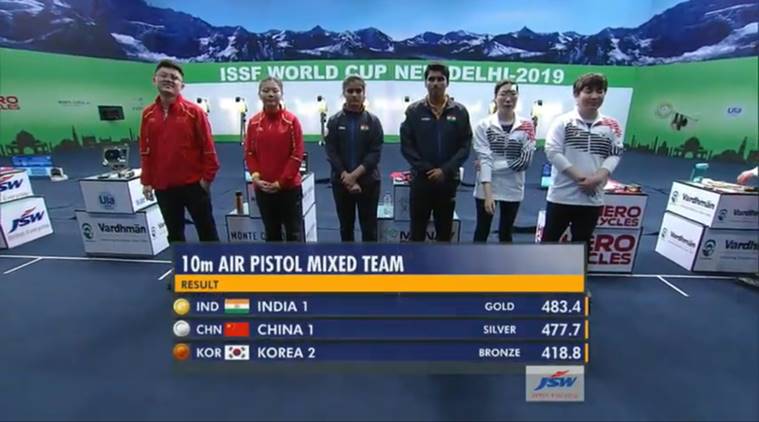 Manu Bhaker and Saurabh Chaudhary won gold at the ISSF World Cup in New Delhi in 10m Air Pistol Mixed Team event.