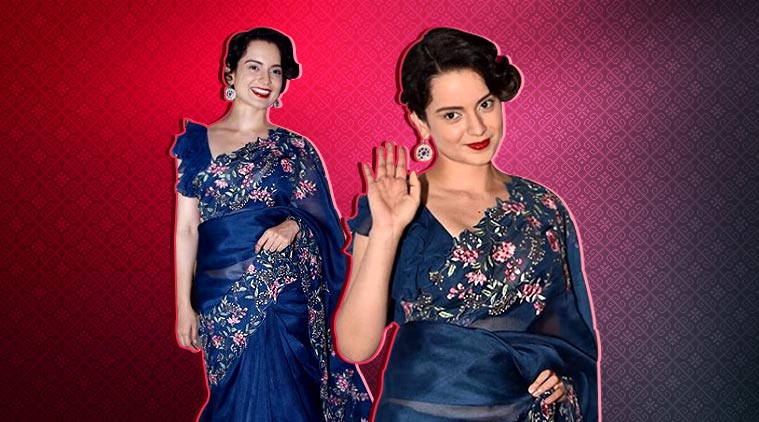 kangana ranaut, kangana ranaut blue sari, kangana ranaut sari anushree reddy, kangana ranaut fashion, kangana ranaut photos, kangana ranaut pics, kangana ranaut style file, kangana ranaut pictures, anushree reddy designs, indian express, indian express news