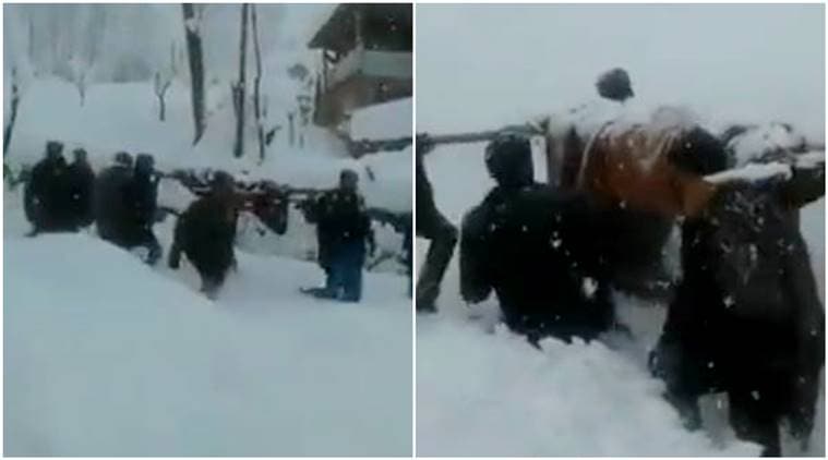 kashmir, kashmir snowfall, Shopian, Shopian snowfall, pregnant lady, pregnant lady Kashmir, child news , viral video, indian express, kashmir news