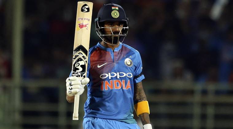 India's Lokesh Rahul celebrates after his fifty runs during the first Twenty20 international cricket match between India and Australia, in Visakhapatnam