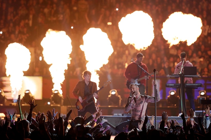 Adam Levine of Maroon 5 performs during halftime of the NFL Super Bowl 53 football game between the Los Angeles Rams and the New England Patriots Sunday, Feb. 3, 2019, in Atlanta.
