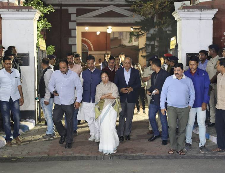 Mamata Banerjee sits on a dharna in Kolkata on Sunday