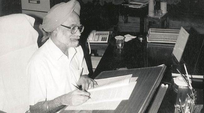 Dr Manmohan Singh giving finishing touches to the 1991 Union Budget. Express