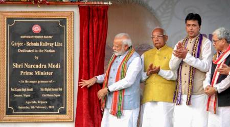 Agartala: Prime Minister Narendra Modi inaugurates Garje-Bilonia Railway line at a public rally, in Agartala, Saturday, Feb 9, 2019. Also seen are Tripura Governor Kaptan Singh Solanki and Chief Minister Biplab Deb. (PTI Photo) (PTI2_9_2019_000066B)