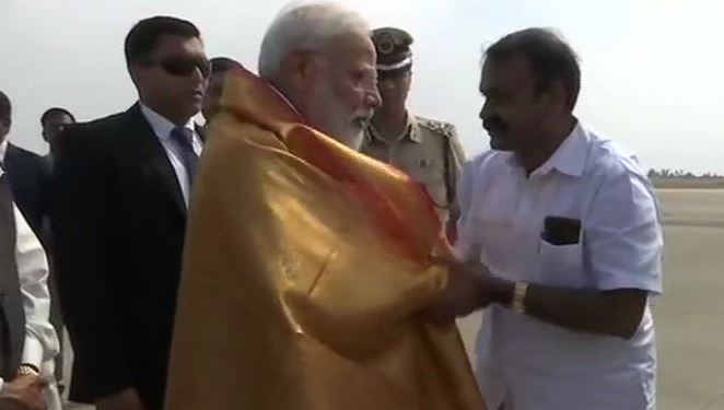 PM Modi arrives in Tiruppur. (Photo: ANI)