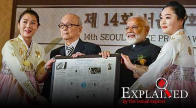 Prime Minister Narendra Modi receives the Seoul Peace Prize, at the award ceremony in Seoul, on Friday. (PIB/PTI)
