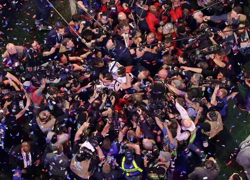 New England Patriots' Tom Brady embraces New England Patriots' Julian Edelman (11) after the NFL Super Bowl 53 football game against the Los Angeles Rams, Sunday, Feb. 3, 2019, in Atlanta.