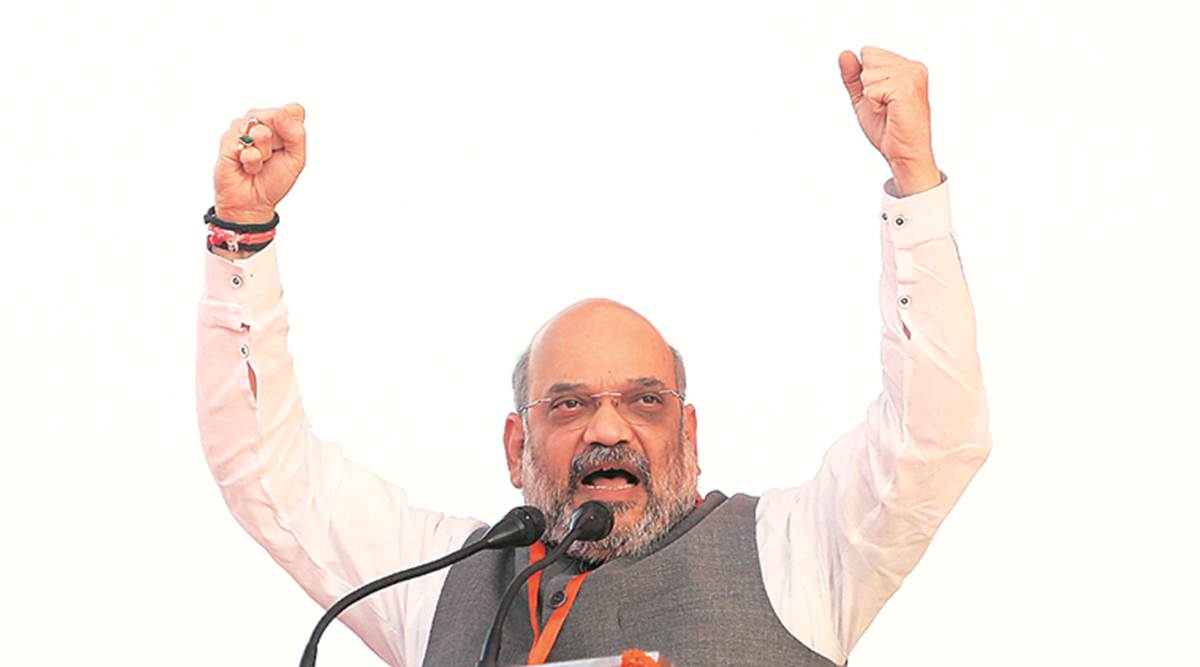BJP president Amit Shah at a Vijay Sankalp rally in Agra on Sunday. (Express photo by Gajendra Yadav)