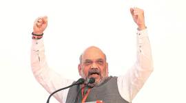 BJP president Amit Shah at a Vijay Sankalp rally in Agra on Sunday. (Express photo by Gajendra Yadav)