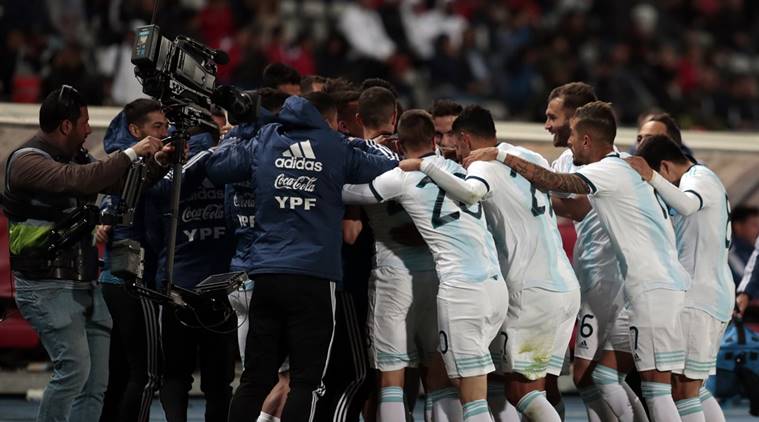 Argentina's players celebrate their goal during an international friendly soccer match between Morocco and Argentina in Tangier, Morocco.