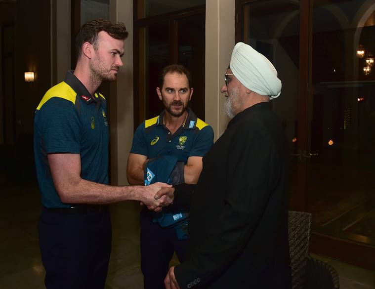 Bishan Singh Bedi with Australia's Ashton Turner and team head coach Justin Langer
