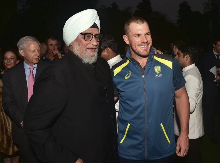 Former India cricket captain Bishan Singh Bedi and Australian cricket captain Aaron Finch during a reception hosted by Australian High Commissioner, in New Delhi. 