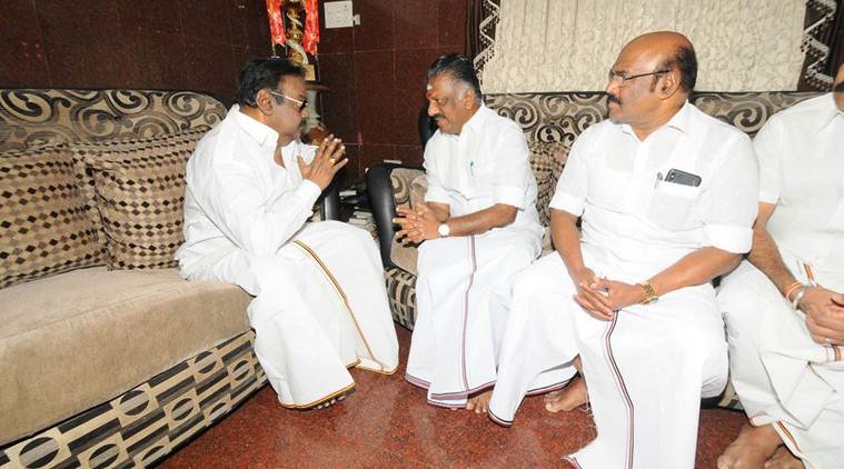 AIADMK coordinator O Panneerselvam with DMDK chief Vijayakanth at his residence. (Photo: Twitter/@Vijayakant)