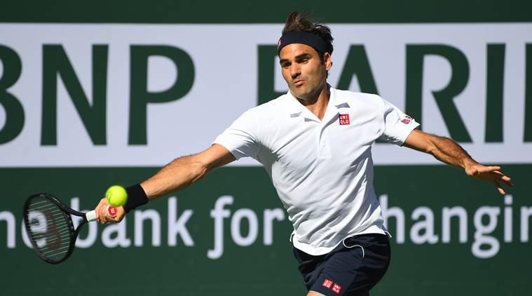 Roger Federer (SUI) during his fourth round match as he defeated Kyle Edmund (not pictured) in the BNP Paribas Open at the Indian Wells Tennis Garden.