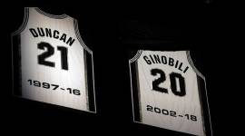 The jersey of San Antonio Spurs former player Manu Ginobili is unveiled during a jersey retirement ceremony at AT&T Center after a game between the Cleveland Cavaliers and San Antonio Spurs.