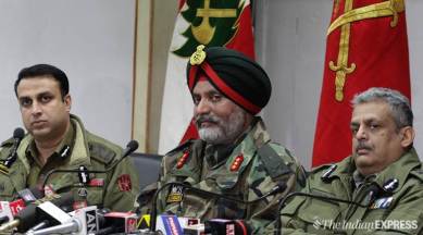 Lt Gen K.S. Dhillon,IGP Police and IGP CRPF during a joint briefing by the army, the CRPF and the Jammu and Kashmir police at Chinar Corps headquarters at Badami Bagh Cantonment in Sonwar area of srinagar.Express Photo by Shuaib Masoodi 11/03/2019