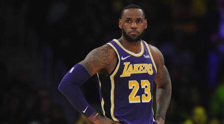 Los Angeles Lakers forward LeBron James (23) during a stoppage in play against the Denver Nuggets in the first half at Staples Center.