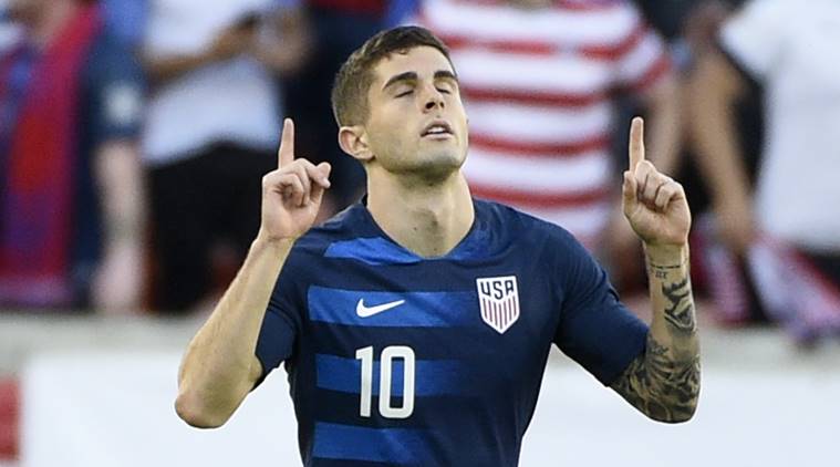 United States midfielder Christian Pulisic celebrates his during the first half of an international friendly soccer match against Chile