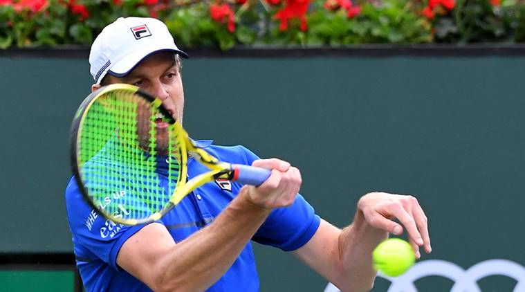 Sam Querrey (USA) during his first round match against Matteo Berrettini (not pictured) in the BNP Paribas Open at the Indian Wells Tennis Garden.