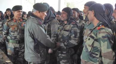 Army Chief Bipin Rawat interacts with the troops in Jammu on Sunday. (Express photo)