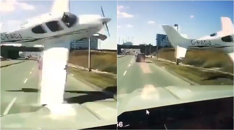 canada small plane crash video, plane crash missing traffic, plane crash video, road accident video, plane narrowly misses traffic, viral news, odd news, indian express
