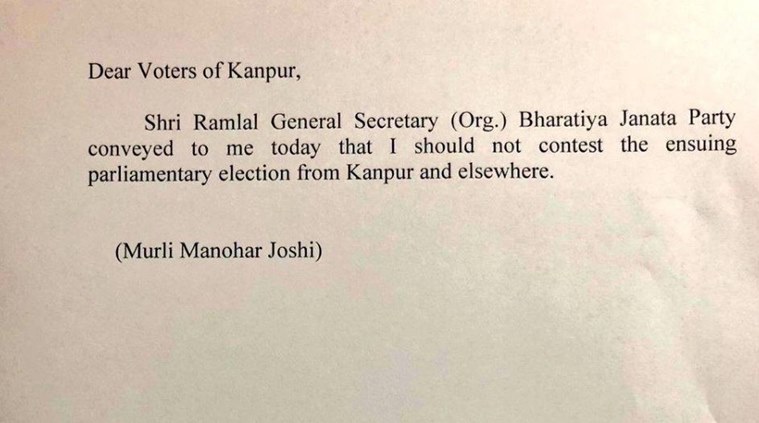 murli manohar joshi, l k advani, lok sabha elections, kanpur lok sabha seat, gandhinagar lok sabha seat, election news, indian express