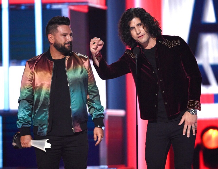 Shay Mooney, left, and Dan Smyers, of Dan + Shay, accept the award for duo of the year at the 54th annual Academy of Country Music Awards