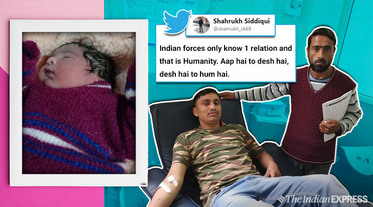 crpf, kashmir, crpf jawan donates blood, jawan saves kashmiri by donating blood, crpf jawan saves mother child, good news, viral news, indian express
