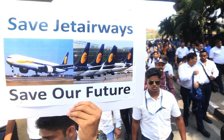 Jet Airways' ground staff demonstrate at Mumbai airport over unpaid salaries