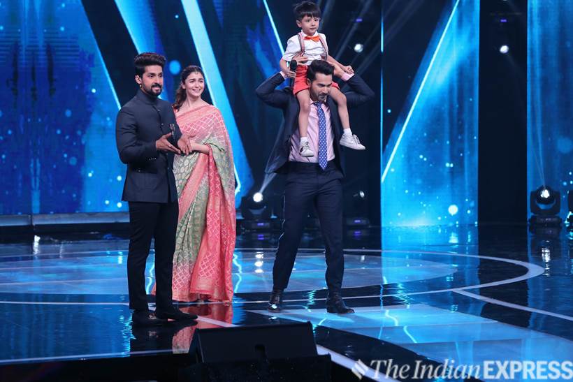 Actors Alia Bhatt and Varun Dhawan enjoying on contestant Swaramsh Tiwari's performance at Sa Re Ga Ma Pa Li'l Champs