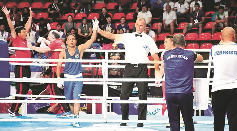 Amit Panghal, Amit Panghal boxing, Amit Panghal vs Hasanboy Dusmatov, Hasanboy Dusmatov, Asian boxing championship, boxing news, Indian express