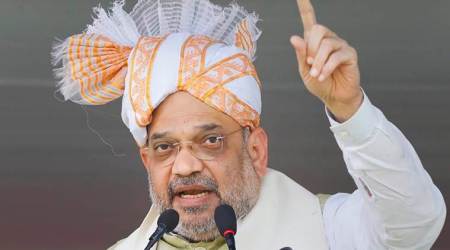 Thoubal: BJP National President Amit Shah addresses a public meeting ahead of Lok Sabha polls, in Thoubal, Friday, April 05, 2019. (PTI Photo)(PTI4_5_2019_000077A)