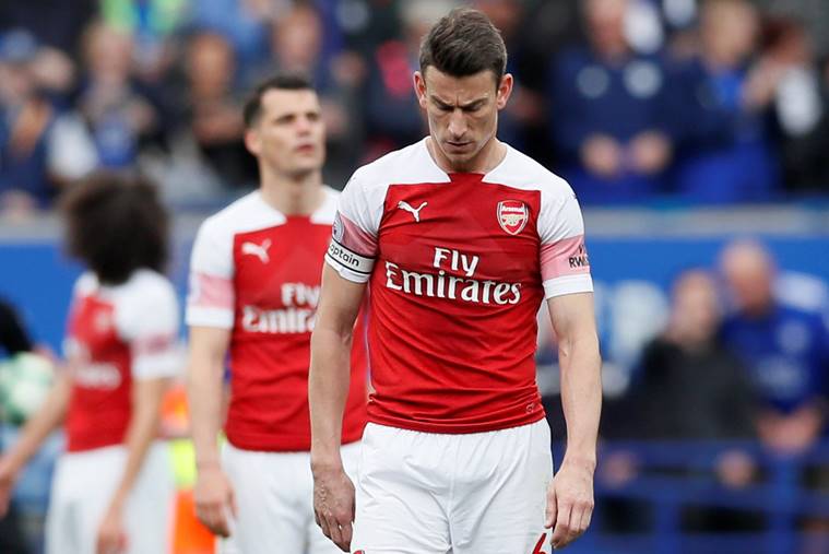 Arsenal's Laurent Koscielny looks dejected after the match vs Leicester City