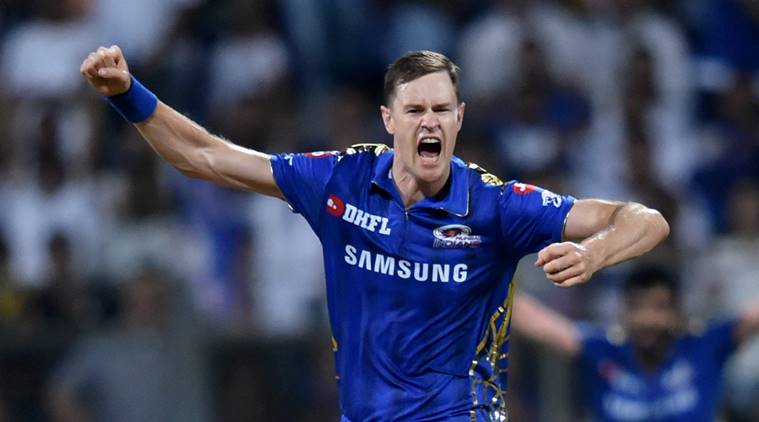 MI bowler Jason Behrendorff celebrates after claiming the wicket of Ambati Rayudu during the Indian Premier League 2019 (IPL T20) cricket match between Mumbai Indians (MI) and Chennai Super Kings (CSK) at Wankede Stadium in Mumbai